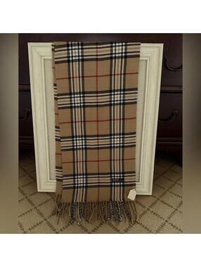 Scarf Muffler with camel, black, and red striped plaid designwith fringe